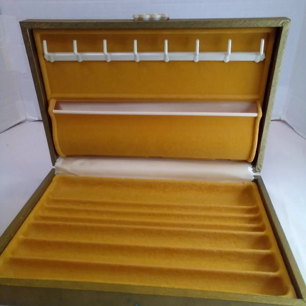 Vintage Jewlery Box Wood Padded Top Felt Lined Gold Color 12